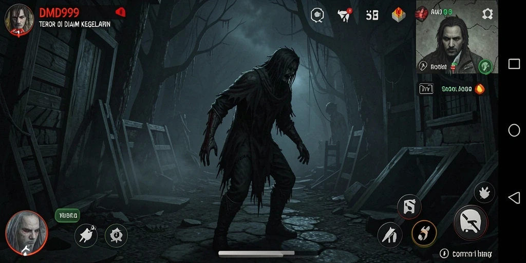 Screenshot dari gameplay DMD999 yang menampilkan suasana Horror yang mencekam.