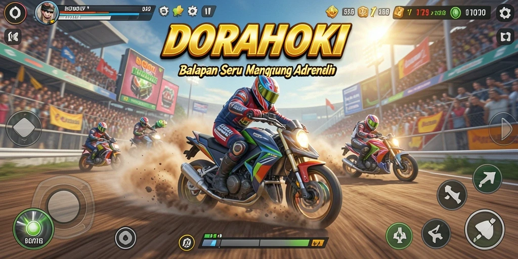 Tangkapan layar utama DORAHOKI menampilkan aksi balapan yang mendebarkan.