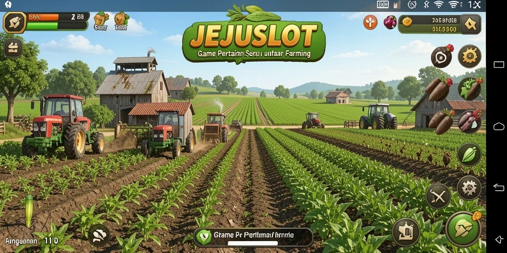 Screenshot gameplay JEJUSLOT menunjukkan suasana pertanian yang indah dan interaktif.