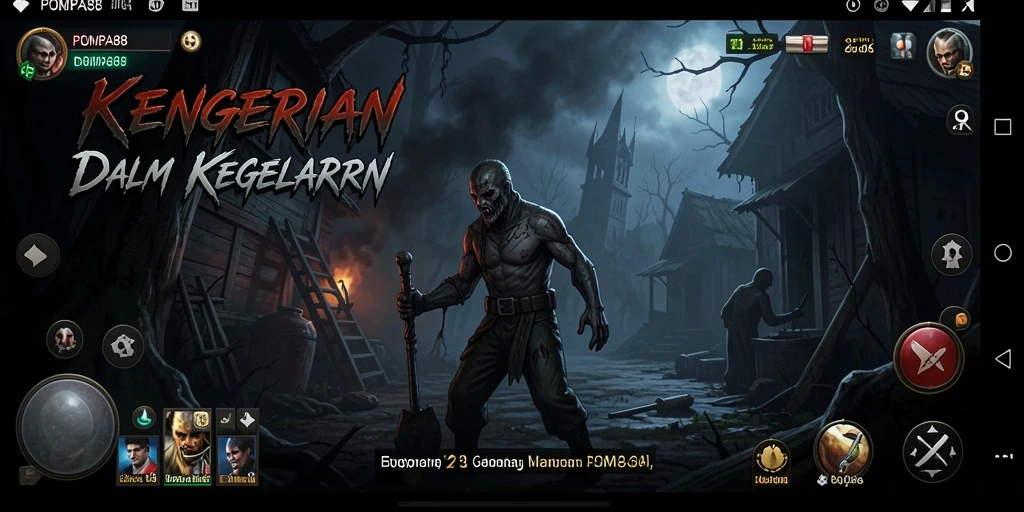 Gameplay POMPA88 menunjukkan momen-momen menegangkan di lingkungan yang kelam.