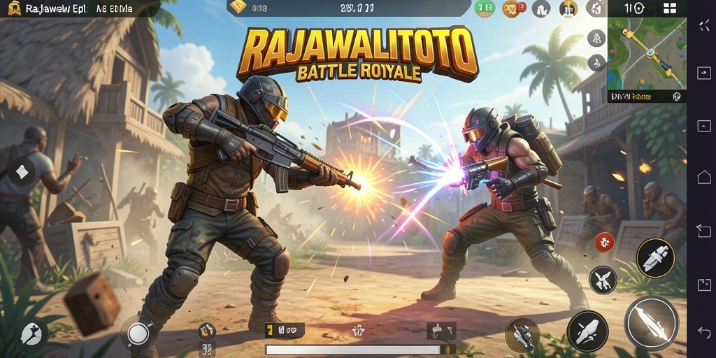 Screenshot gameplay RAJAWALITOTO menampilkan aksi seru dalam pertempuran Battle Royale.